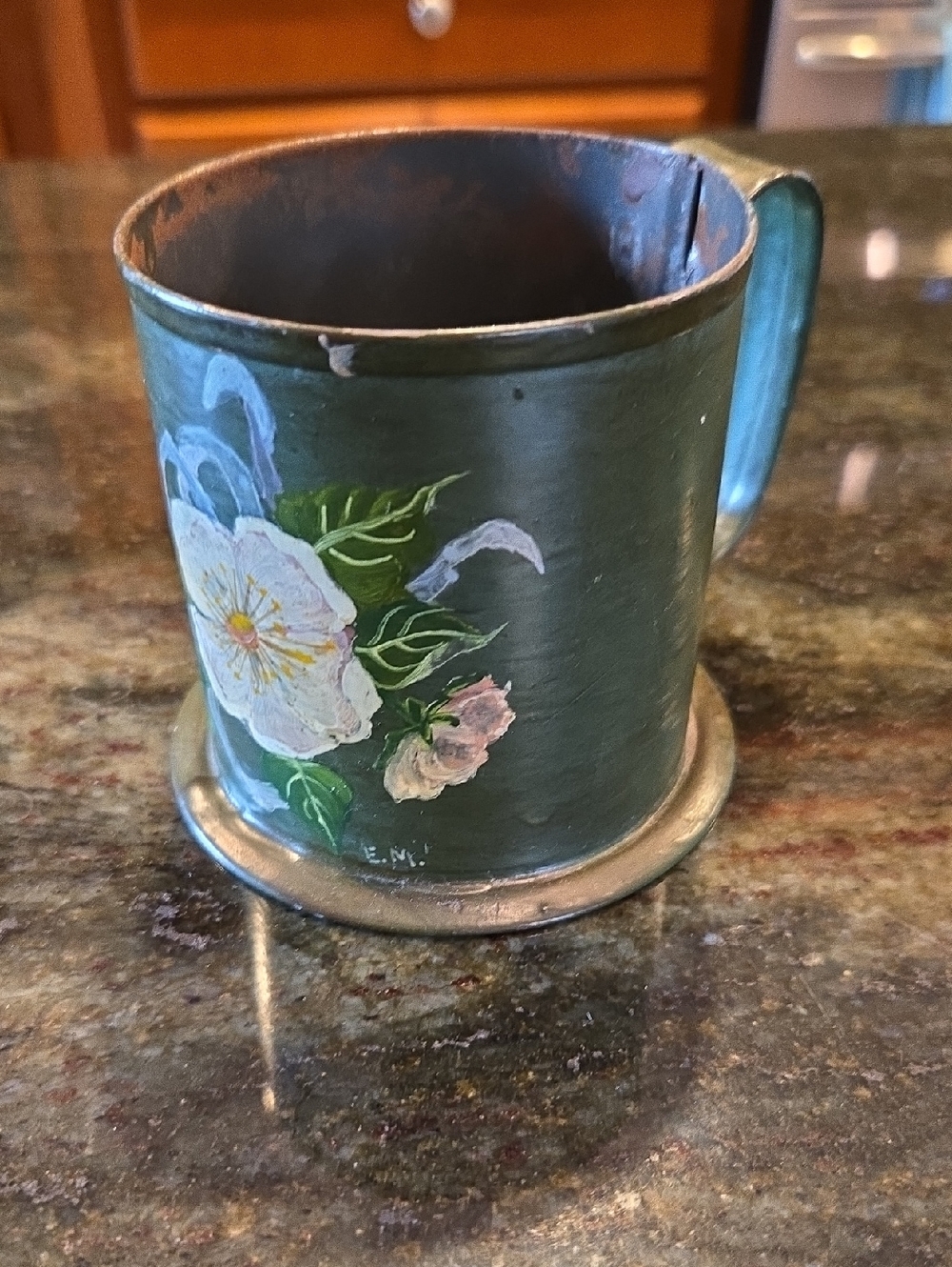 Vintage Hand-Painted Floral Metal Mug - Green